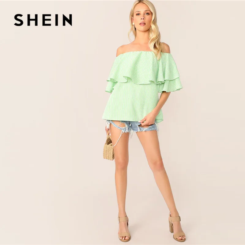 SHEIN Полосатый Топ С Открытыми Плечами И Оборками Летняя Пляжная Блузка С Воланами Для Женщин