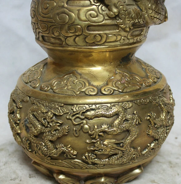 JP S0524 13 &quotКитайский Латунь Народная Фэн-Шуй Дракон Статуя calabash Бутылка тыква