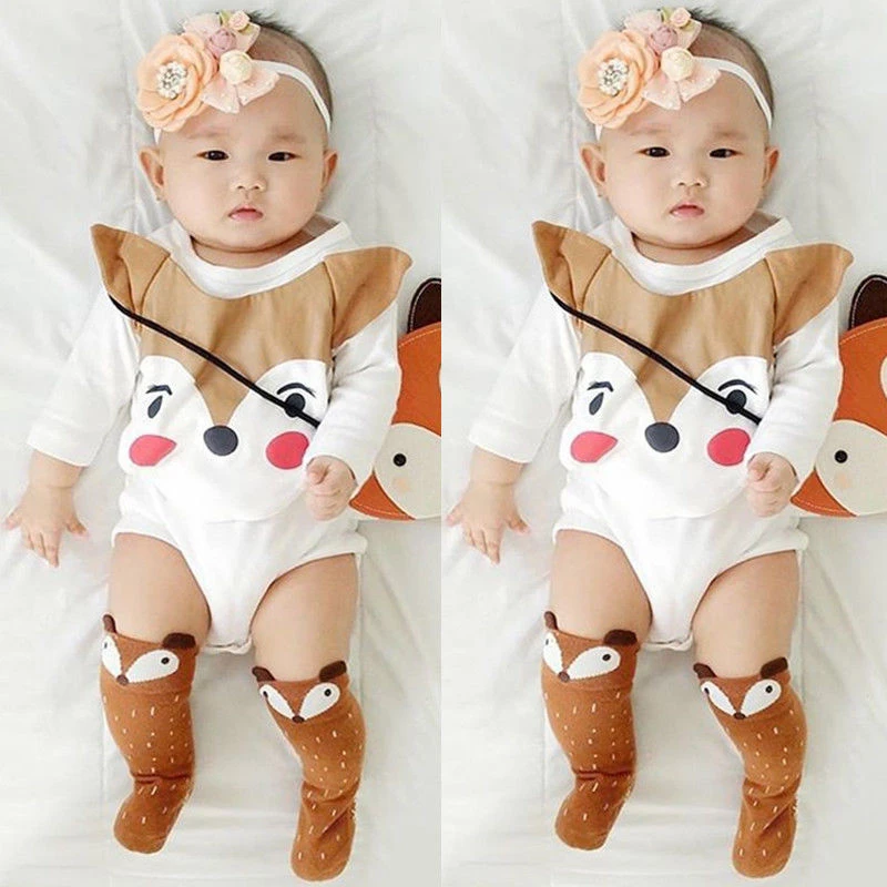 Baby Girl Boy Cartoon Fox Romper Spring Autumn Long Sleeve Triangle Cotton Jumpsuit Toddler Kids Casual Outfits Clothes 0-24M | Детская