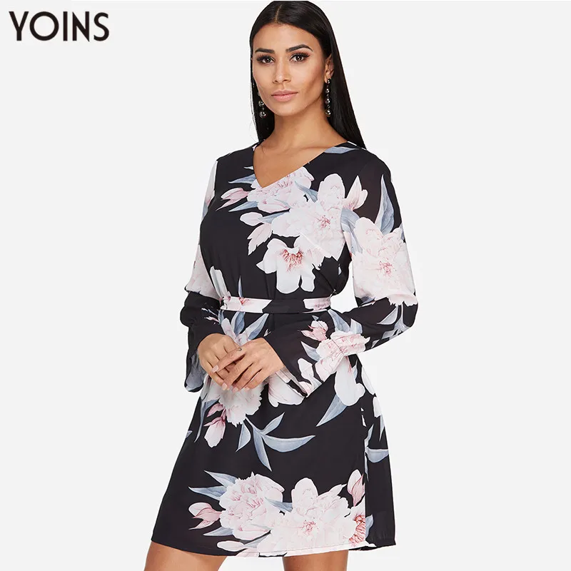 Женское платье с цветочным принтом длинным рукавом и V-образным вырезом | Женская