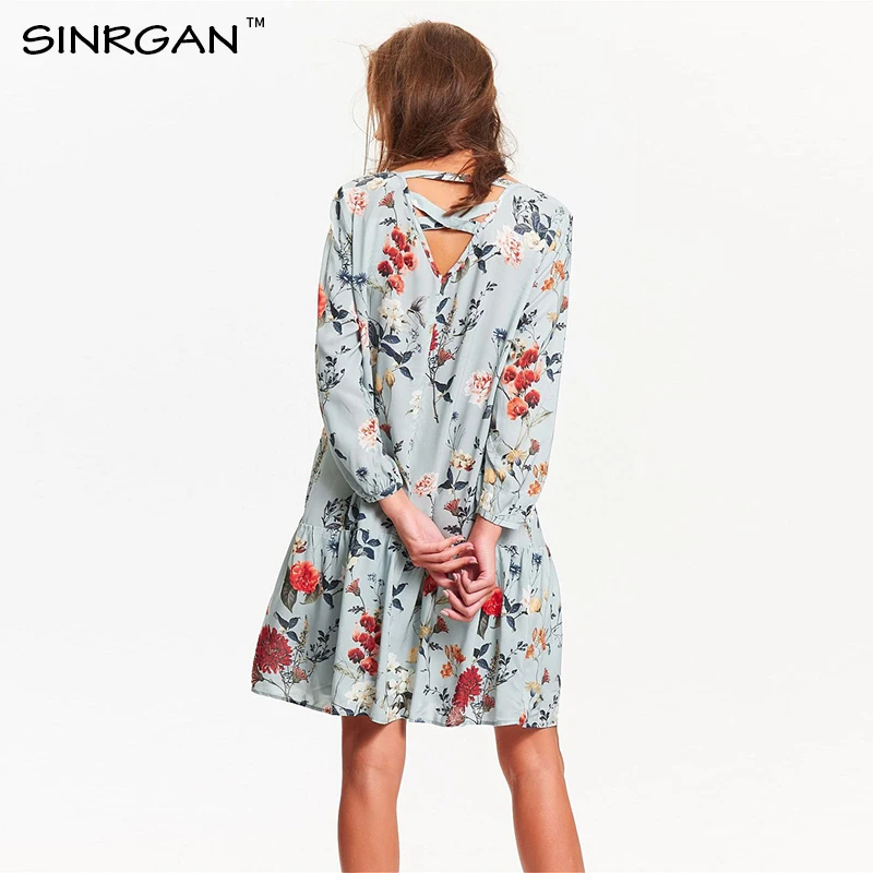 SINRGAN Woman Print Dress Summer Vintage Loose A Line Short Long Sleeve Sexy Mini Ruffle Beach Dresses Vestidos Mujer | Женская одежда