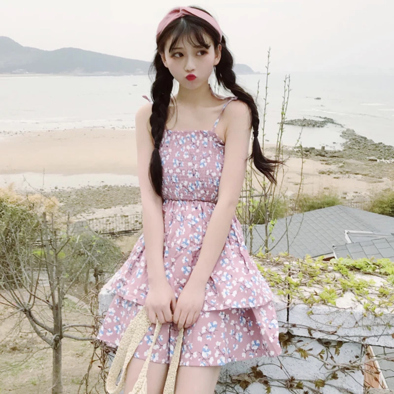 Женское длинное платье в Корейском стиле летнее с высокой талией и принтом