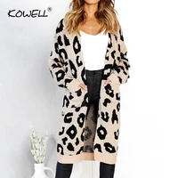 hot sale leopard v neck casual knitted cardigans 2018 autumn winter long sleeve sweaters casual tops pockets long coat for women