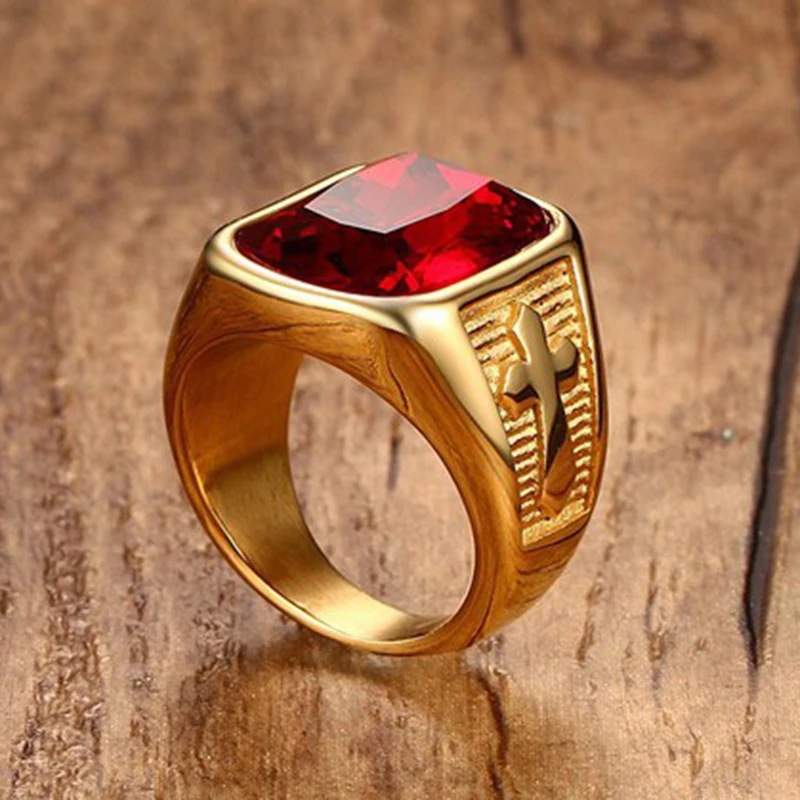 Men's Cross Ring Gold-Color Stainless Steel Quality Ring Red Stone Ring for Men Utr8234