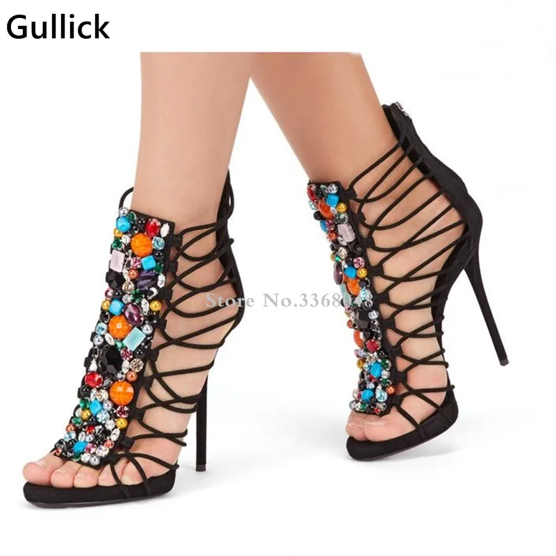 

Hot Selling Handmade Suede Sandals With Colorful Stones High Heel Cut-out Strappy Women Dress Shoes Thin Heels Lady Boot Sandal