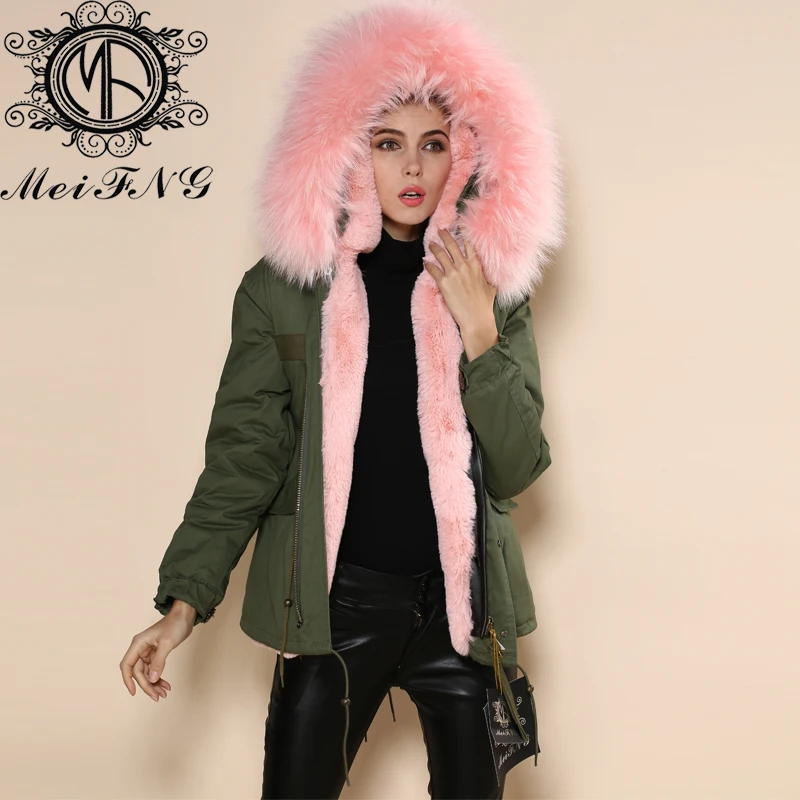 

Wholesale new brand latest design pink lining plus size real raccoon fur hooded jacket women military parka