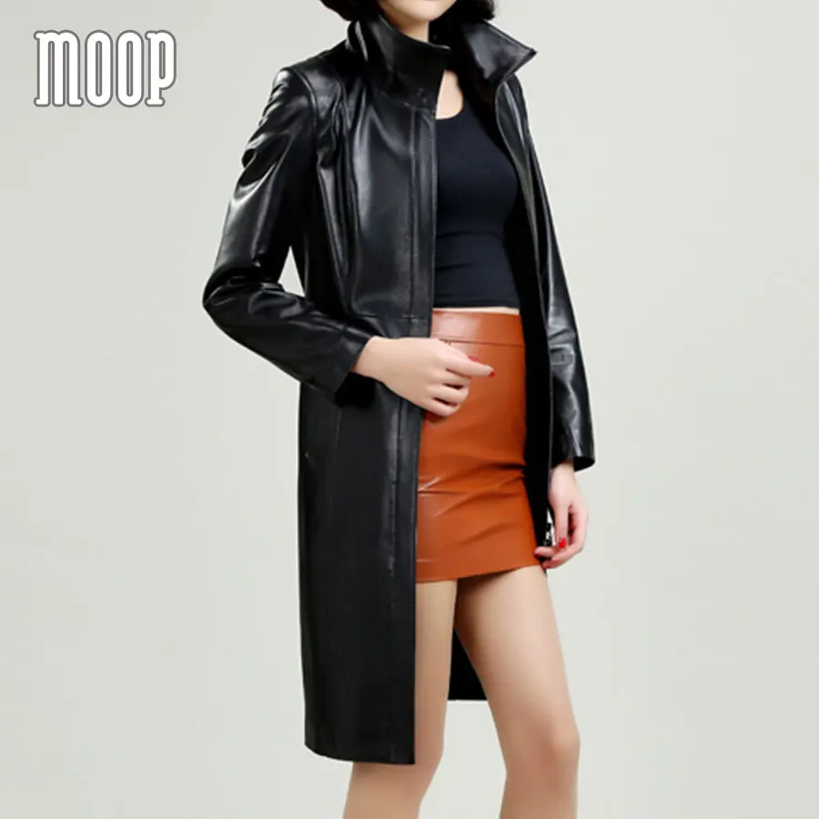 Черные пальто из натуральной кожи ветровка овчины длинный Тренч Регулируемая