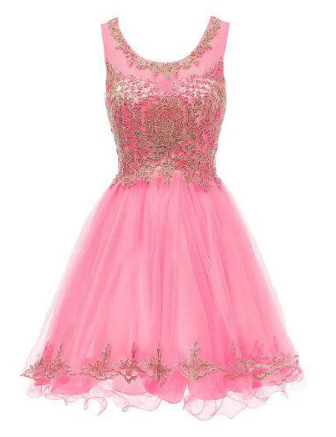 Hot Pink Короткие милые 16 платья тюль с золотой кружевной аппликацией совок шеи Junior платье выпускного вечера просвечивается назад платье для выпускного вечера до колен - Цвет: Hot Pink