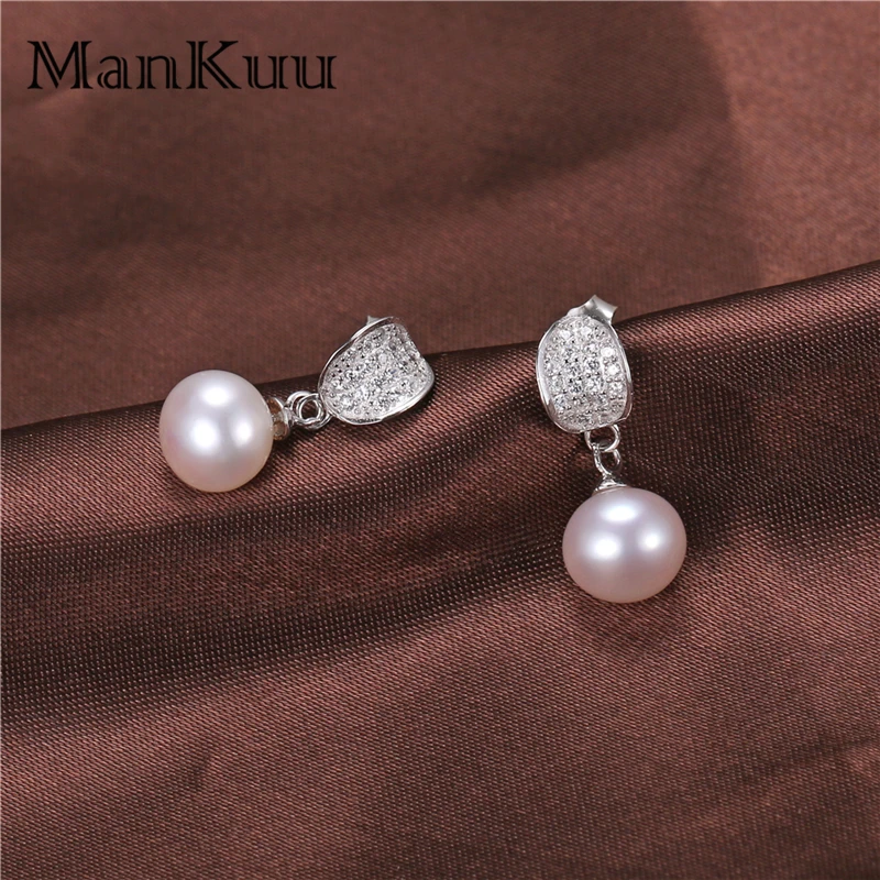 ManKuu Classic Dangle Earrings For Women 8-9mm Natural Round Freshwater Pearl Drop 925 Sterling Silver | Украшения и аксессуары