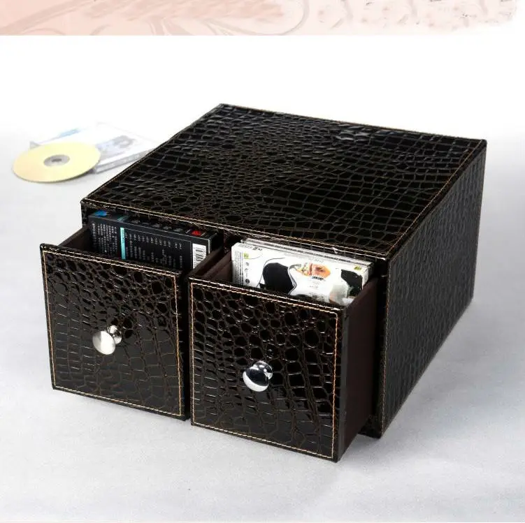 

horizontal home office 2-drawer leather desk CD/DVD sundries container storage box case organizer holder croco brown 226D