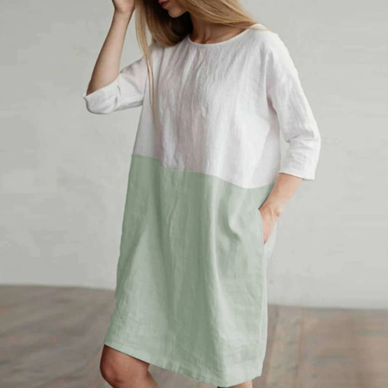Green Lipswag 5XL женское повседневное лоскутное платье с круглым вырезом и карманами, 1/2 рукав, хлопок, лен, платья, большие размеры, свободные вечерние платья, Vestido - Цвет: Green