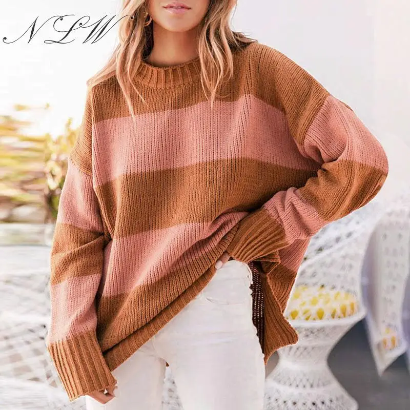 NLW Stripe Oversized Women Sweater Autumn Winter Plus Size Jumper Casual Loose Long Sleeve Pullover Streetwear | Женская одежда