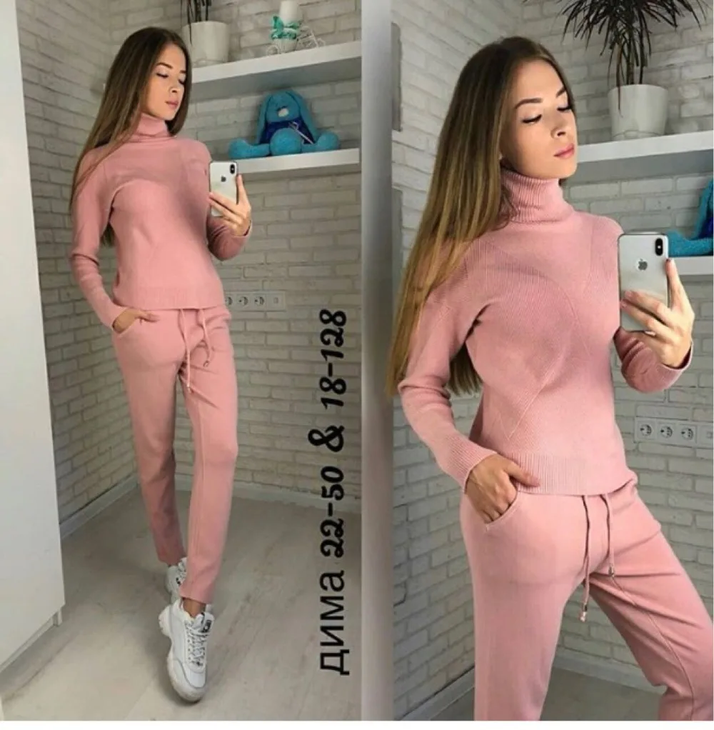 

2019 Autumn Winter Long Sleeve Turtleneck Sweater Sportswear Women Sweater Two Piece Set Knitted Pullover + Long Pants Suit
