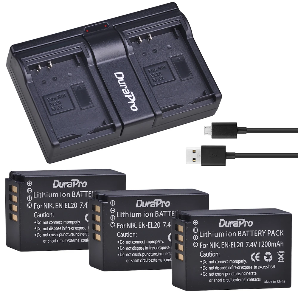 Durapro 3pc 1200mAh EN EL20 перезаряжаемый аккумулятор + USB двойное зарядное устройство для