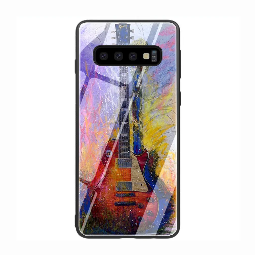Гитара Музыка Черная мягкая крышка Закаленное Стекло Телефон чехол для Galaxy S7 edge S8 9 10 Plus, Note 8, 9, 10, A10 20 30 40 50 60 70