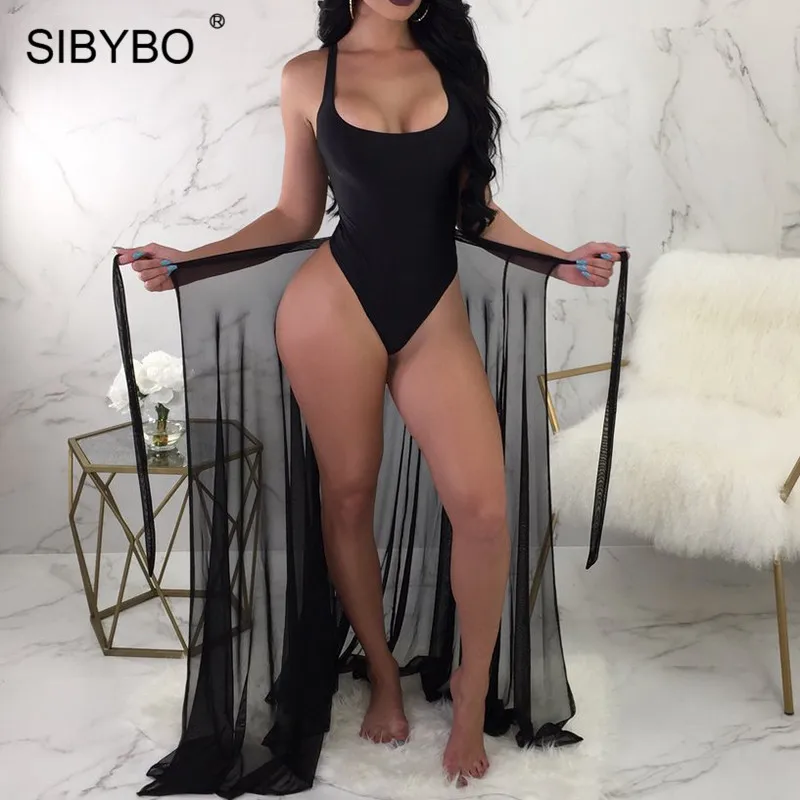 Черный Sibybo Mesh Transparent Sexy Two Piece Set Bodysuit Women Sleeveless Backless Summer Romper Women Beach Casual Women Jumpsuit - Цвет: Черный