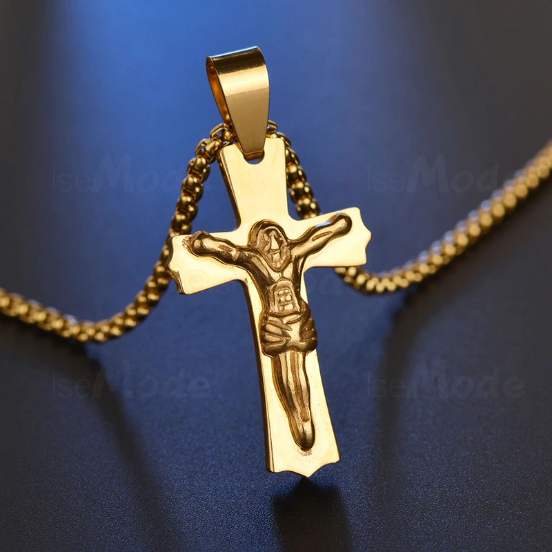Ожерелье с крестом ELSEMODE подвеска распятием Иисуса золото титан нержавеющая