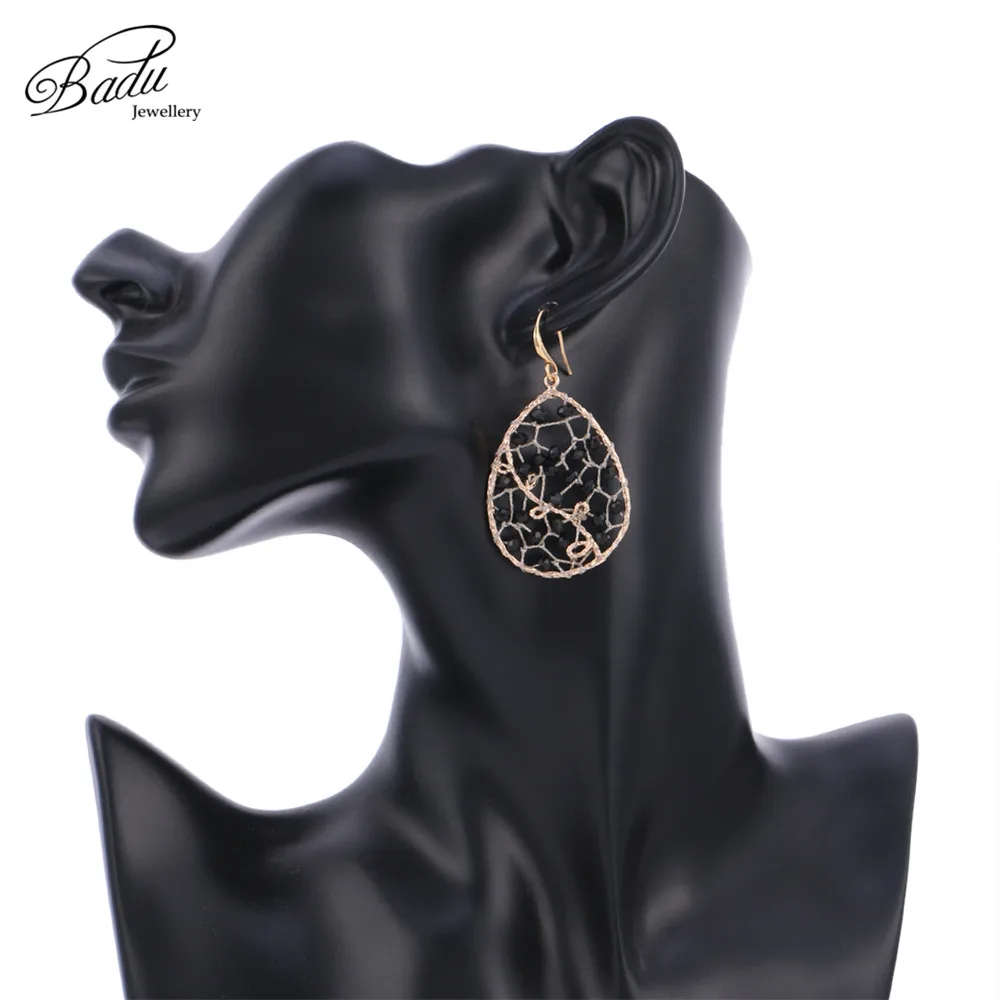 Badu, черный кристалл, Ловец снов, висячие серьги для женщин, золотые, с вырезами, геометрические серьги, рождественское ювелирное изделие