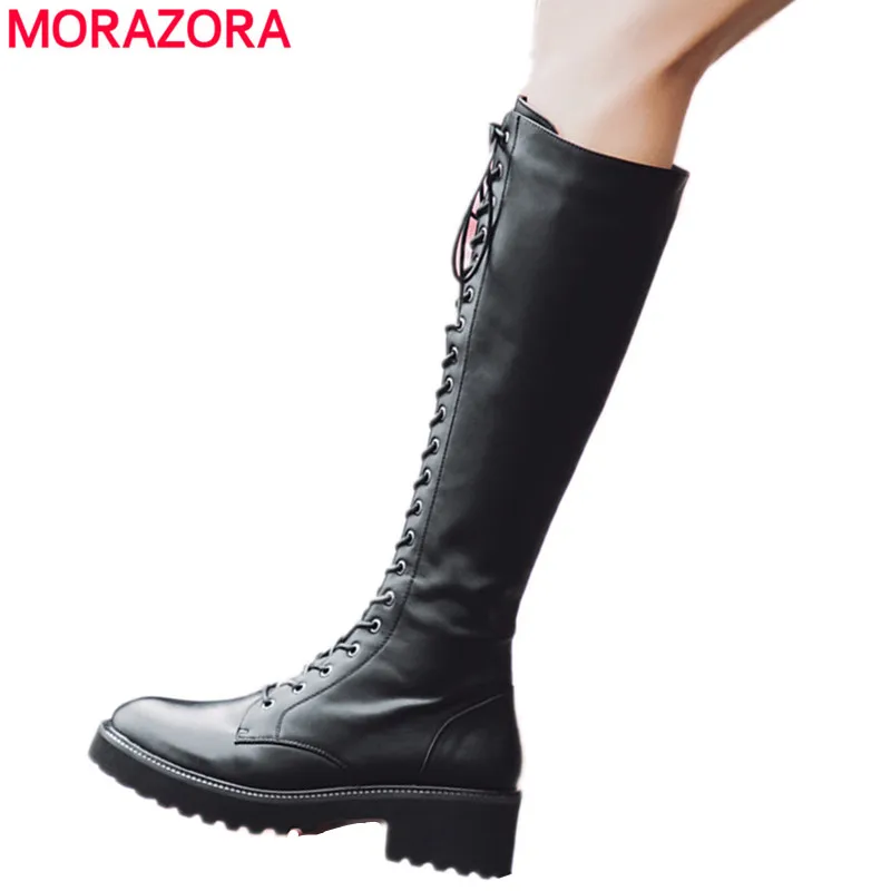 MORAZORA/Новинка года; модные сапоги до колена; женские сапоги из натуральной кожи на шнуровке и молнии; женская обувь с круглым носком; сезон осень-зима