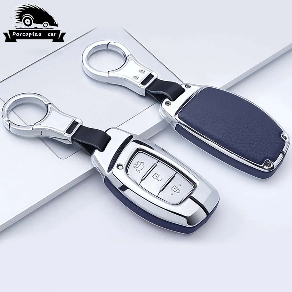 Silver blue Цинковый сплав кожаный чехол для автомобильных ключей, чехол-ключница для hyundai Elantra Tucson Mistra Verna Sonata i10 i20 i30 IX25 IX35 умные клавиши - Название цвета: Silver blue