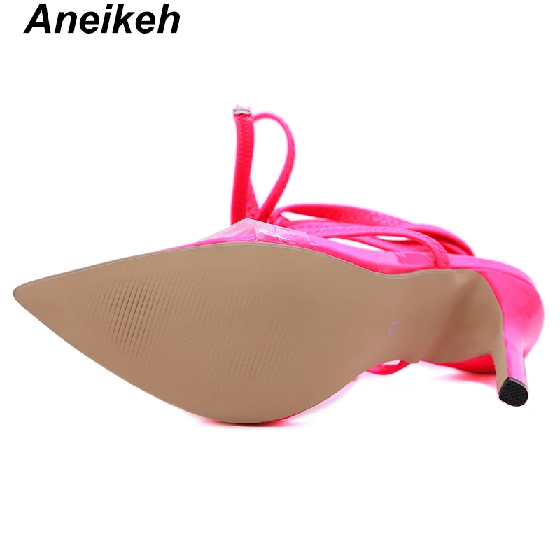 Aneikeh/ г. Милые модные женские босоножки из PU искусственной кожи прозрачные туфли-лодочки на тонком каблуке со шнуровкой модельные туфли с острым носком свадебные женские туфли цвет розовый, красный, 40
