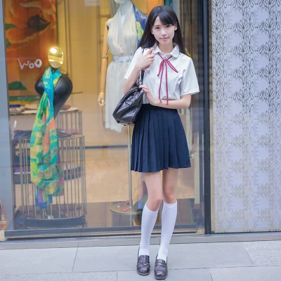 Navy short sleeves Корейская школьная форма, костюм для выступлений, студенческий костюм, Женская японская школьная форма, белая рубашка+ юбка+ воротник, веревка+ носки - Цвет: Navy short sleeves