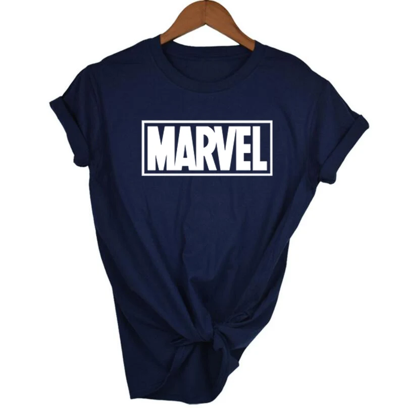 Navy blue Летняя футболка с надписью MARVEL, Женская Повседневная футболка с коротким рукавом, женские топы размера плюс, Забавные футболки - Цвет: Navy blue