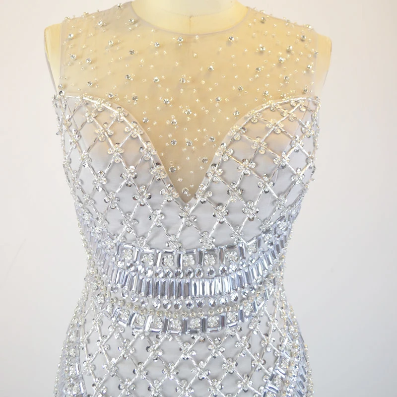 Сексуальное блестящее прозрачное серебряное платье Русалка с кристаллами для