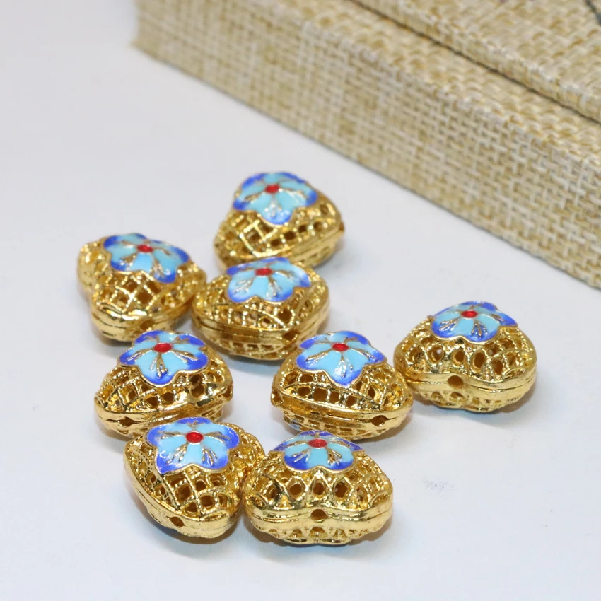 

5pcs high quality hollow gold-color heart shape carved flower cloisonne accessories spacers beads 13*15mm diy findings B2452