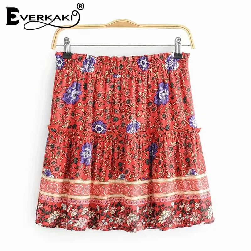 Everkaki Boho мини юбка с цветочным принтом для женщин цыганские оборки короткая