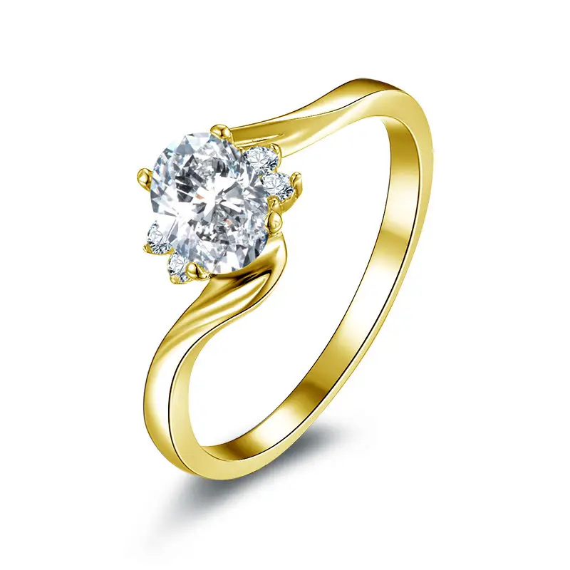 14K Yellow Gold AONUOSHI классический овальный Пасьянс Кольцо Настоящее 14 к цельное белое/желтое золото витой браслет имитация алмаза Anillo Свадебное обручальное кольцо - Цвет камня: 14K Yellow Gold