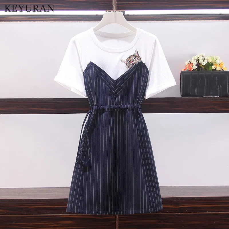 Женское летнее платье размера плюс с коротким рукавом и круглым вырезом милое