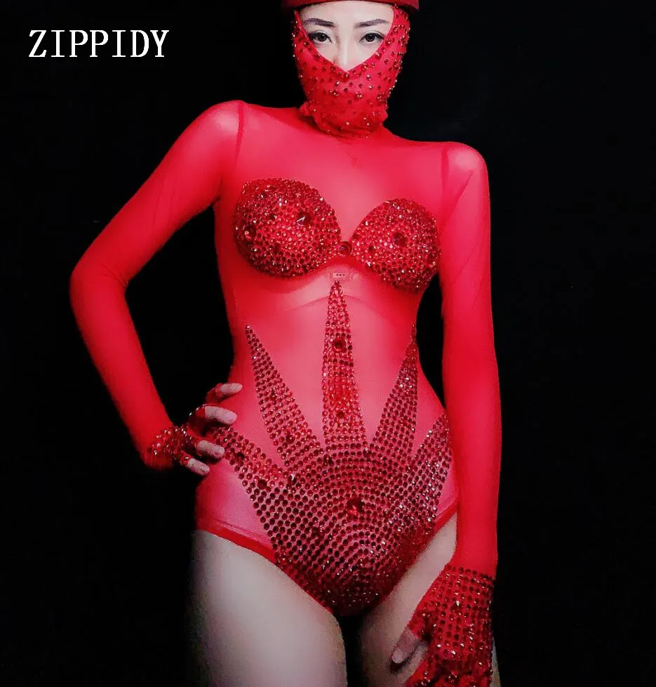 New design Sparkly Red Rhinestone Mesh Bodysuit Performance Dance Outfit Women Bar Dance Stage  Sexy Costume Celebrate