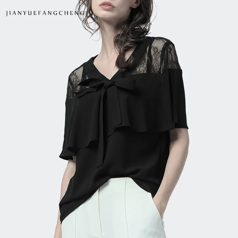 Женская кружевная блузка с бантом черная ажурная коротким рукавом и V образным