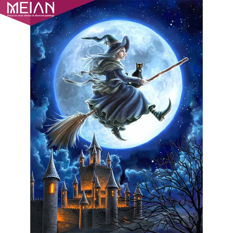 Meian, полная, алмазная вышивка, "Кот ведьмы", 5D, алмазная живопись, вышивка крестом, 3D, Алмазная мозаика, рукоделие, рукоделие, Рождество, подарок