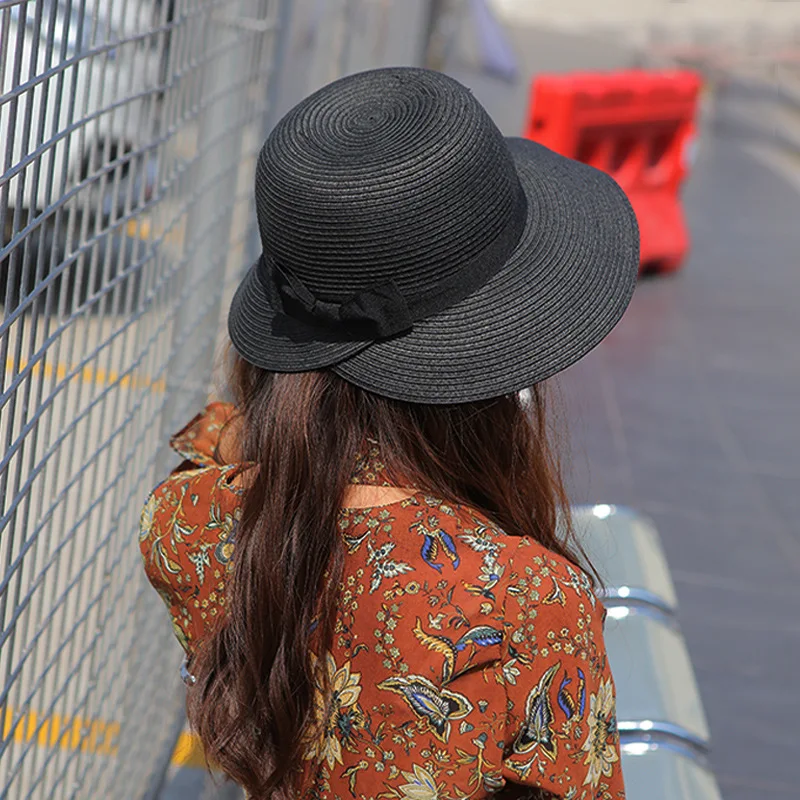 Панама женская Соломенная с бантом модная однотонная пляжная шляпа широкими
