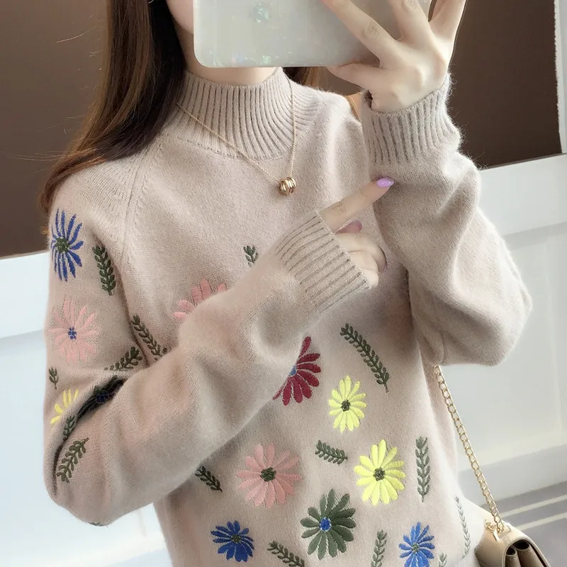 

Women Sweater and Pullover 2018 Winter New Embroidery Knitwear Jumper Long-sleeved Half Turtleneck Sweater Wild Female Tops 495
