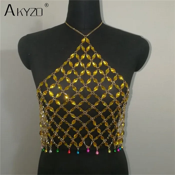 AKYZO сексуальные искусственные драгоценные камни ручной работы пэчворк Cami Top для женщин спинки вечерние с кристаллами выдалбливают кроп-топ - Цвет: gold