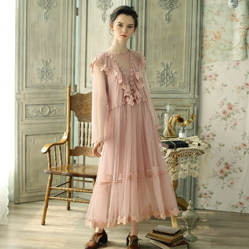 LYNETTE'S CHINOISERIE Spring Autumn Original Design Women Vintage Victoria Pink Mori Girls Dresses