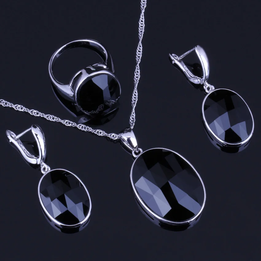 

Fantastic Oval Black Cubic Zirconia Silver Plated Jewelry Sets Earrings Pendant Chain Ring V0012