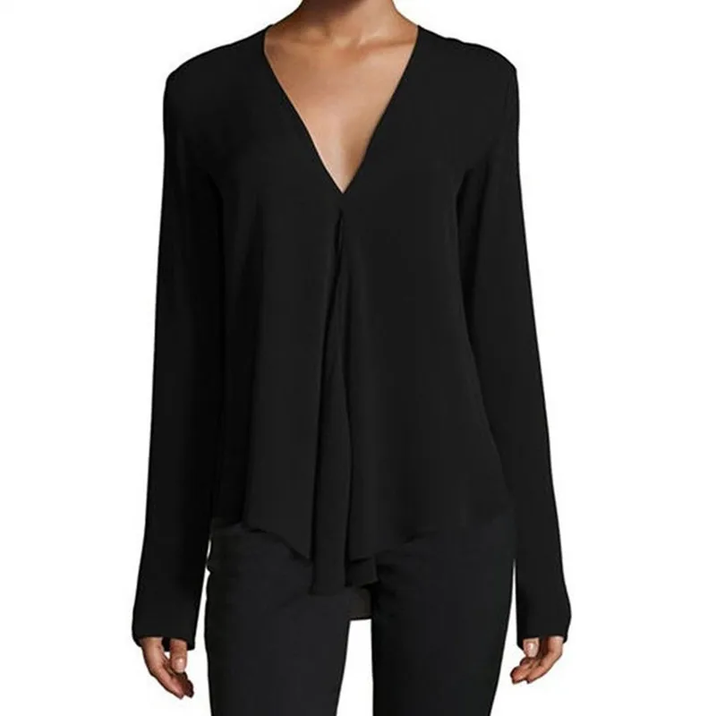 Plus Size S-6XL Casual V-neck Women Chiffon Top and Blouses Solid Color Long Sleeve Female Shirt |