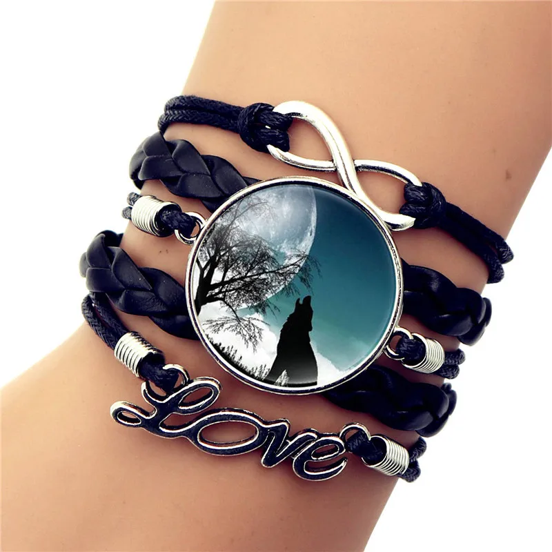 Новинка 2019 Ретро стиль кожаные ювелирные изделия бохо стекло кабошон луна волк