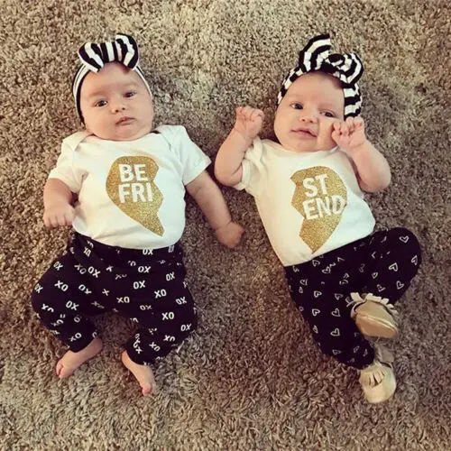 2019 Brand Newborn Kids Baby Girl Floral Clothes Friend Matching Letter Bling T Shirt Romper Print Pants Tracksuit Outfits Set | Детская