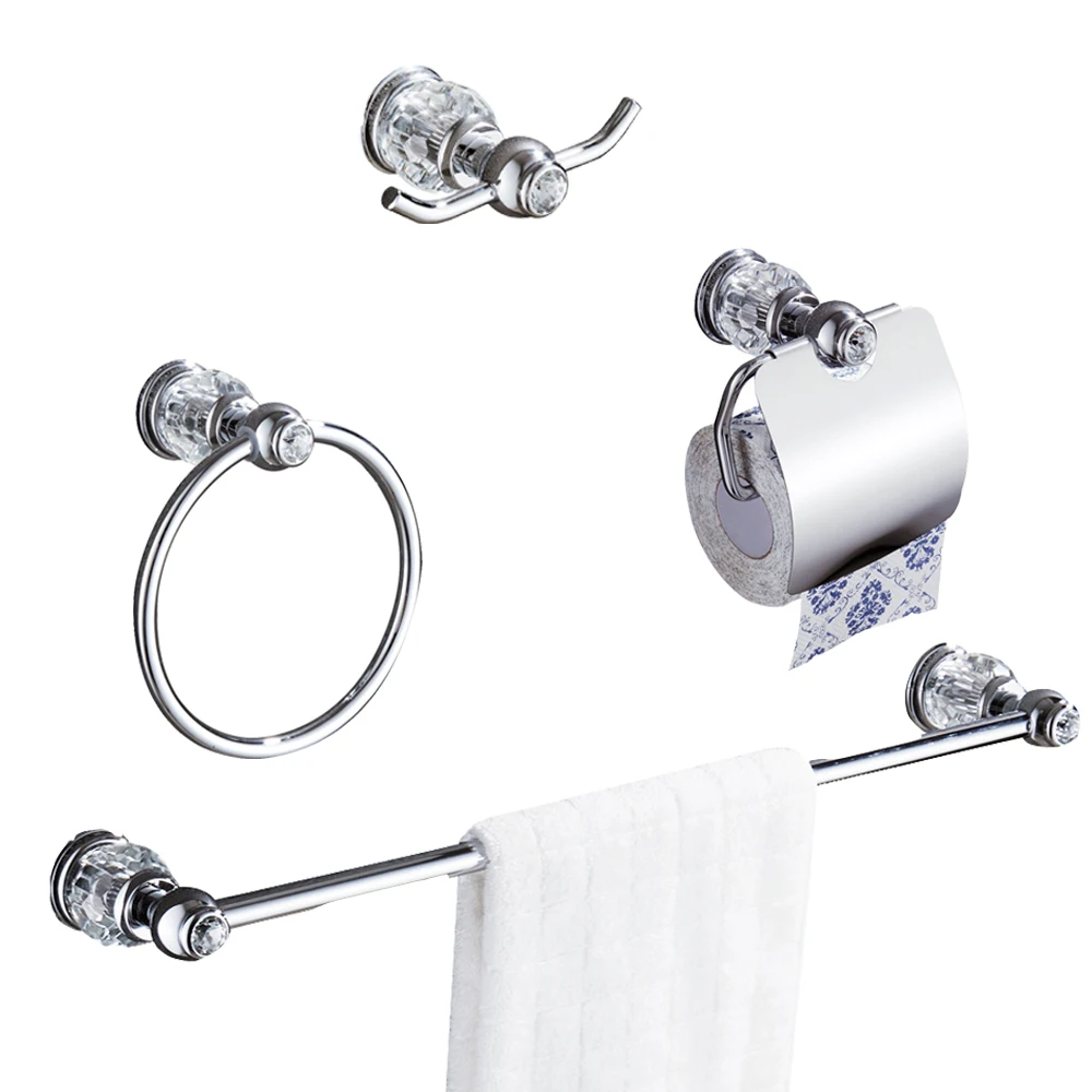 

Leyden Chrome Brass and Crystal 4pcs Bathroom Accessories Set Wall Mounted Single Towel Bar Holder Toilet Paper Holder Robe Hook