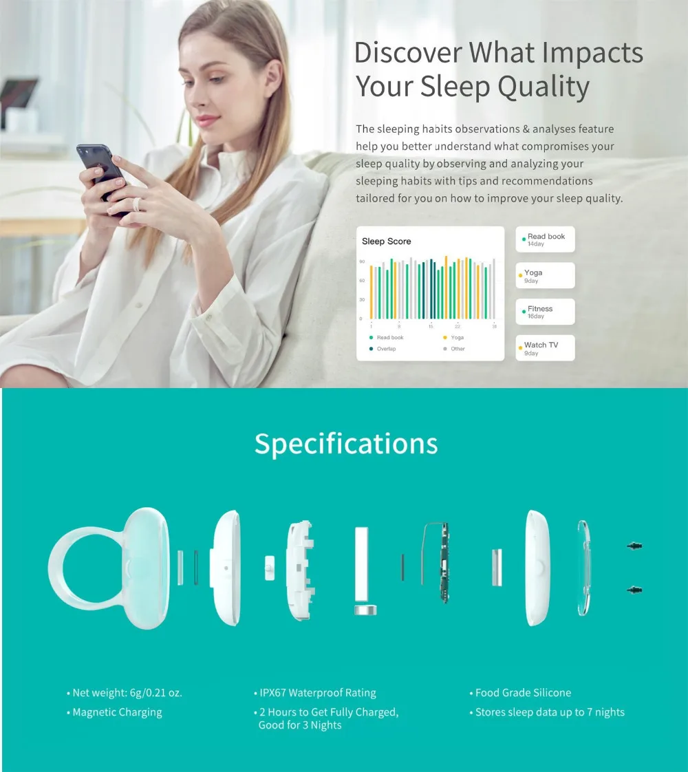 SLEEPON GO2SLEEP Смарт носимое кольцо Фитнес браслет AI питание домашнее устройство для сна кислородный пульсометр