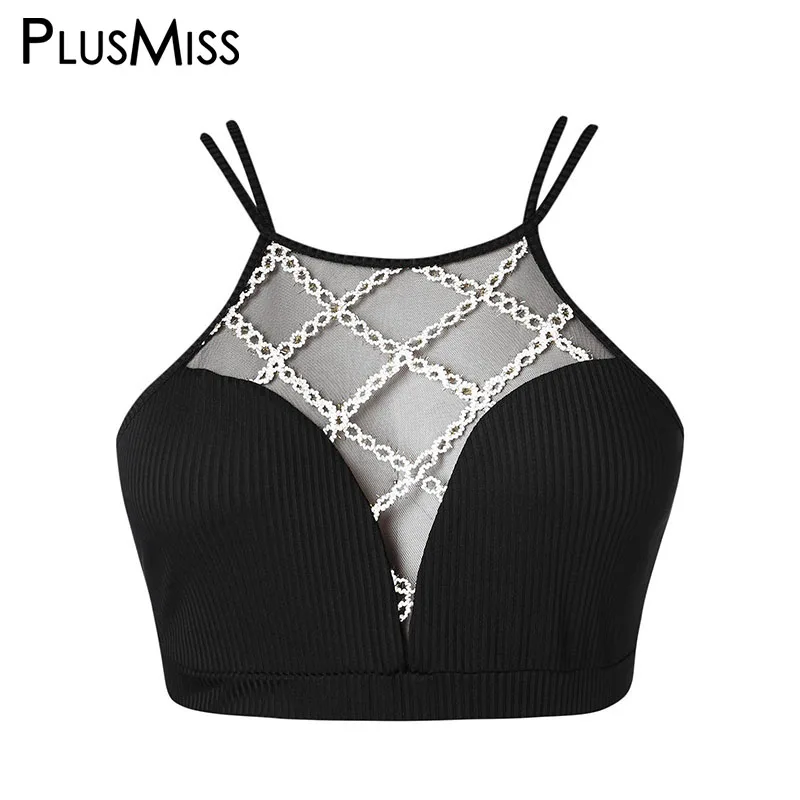 PlusMiss плюс размеры 5XL сетки Sheer Cami Crop Top XXXXL XXXL XXL для женщин Лето 2019 без рукавов