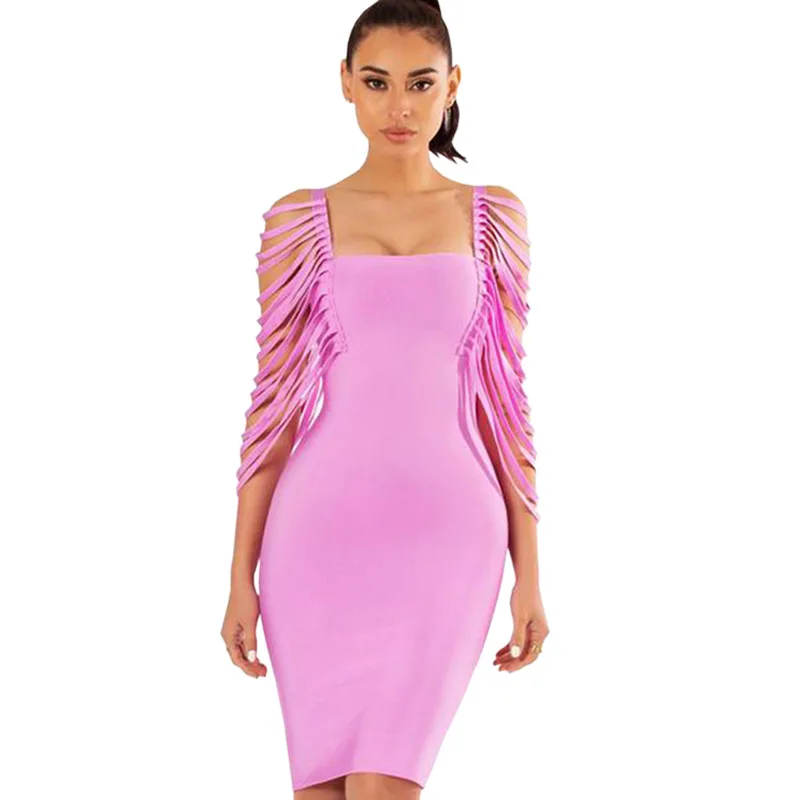 Женское облегающее платье с кисточками и рукавом летучая мышь средней длины до