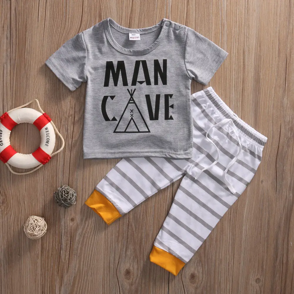 Cute Toddler Kids Baby Boy Clothes 2017 Summer T-shirt Tops+Long Striped Pants Outfits Set Tracksuit |