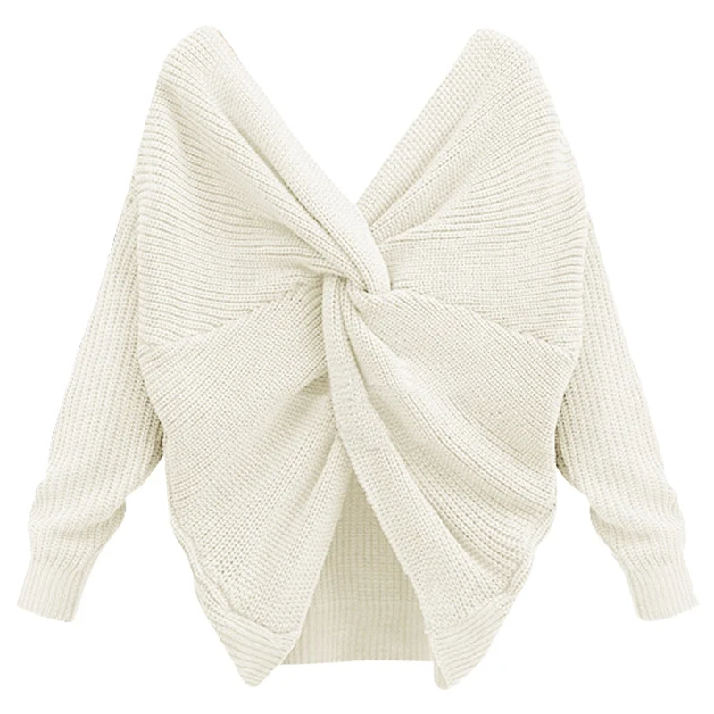 Women Sexy Open Back Sweater Big Tie V-Neck Full Sleeve Sweaters Solid Color Knitted Pullovers Elegant Knitwear sweater women | Женская