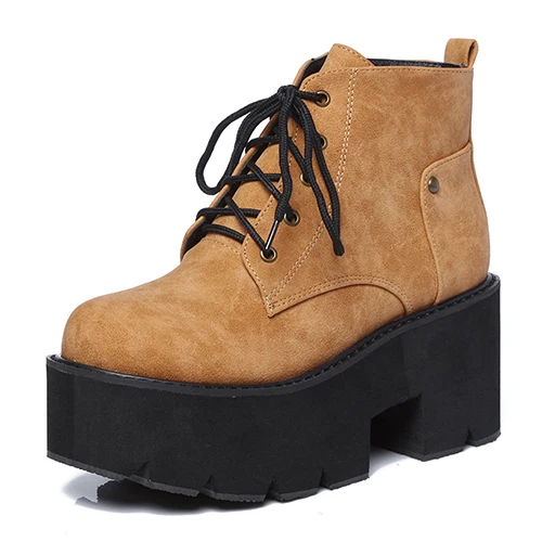 brown shoes Gdgydh/Новинка года; сезон весна; ботинки на платформе; женские готические сапоги на массивном каблуке в стиле панк; ботильоны на шнуровке; Цвет черный, коричневый; удобная женская кожаная обувь - Цвет: brown shoes